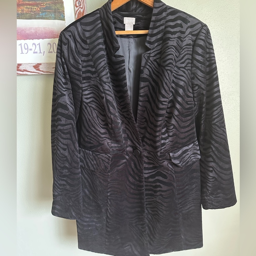 Chicos Black Jacket - Zebra Velvet Black Long Blazer Jacket- Size Large